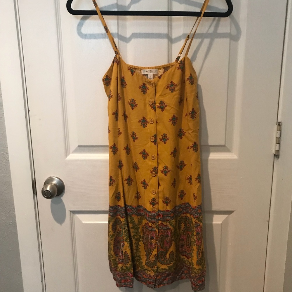 Mustard yellow button-up patterned dress